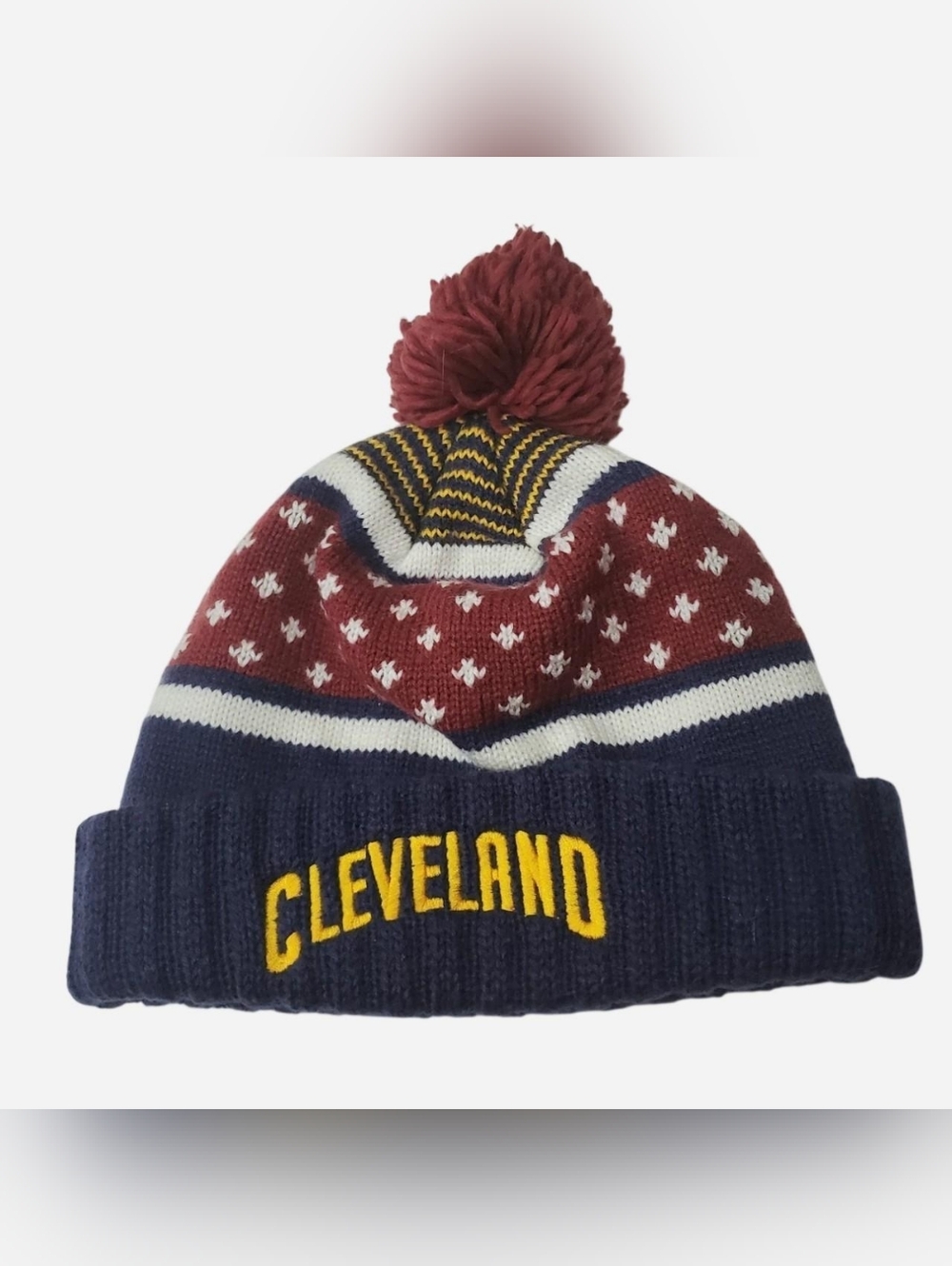 Mitchell & Ness Cleveland Beanie Pom Unisex Navy Blue Red White Embroidered